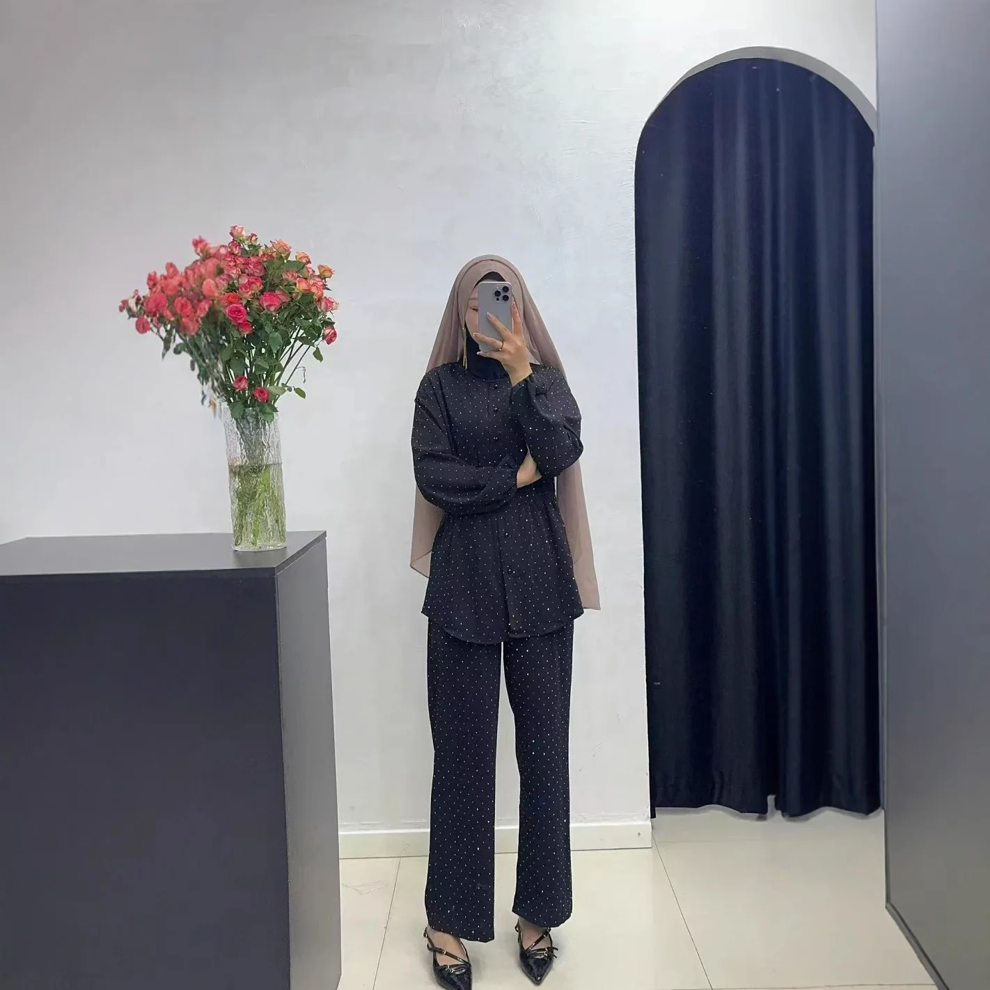 

Middle East Muslim New Fashion Women's Solid Color Casual Trendy Elegant 2 Piece Sets Long Sleeve Shirt Wide Leg Trousers Female