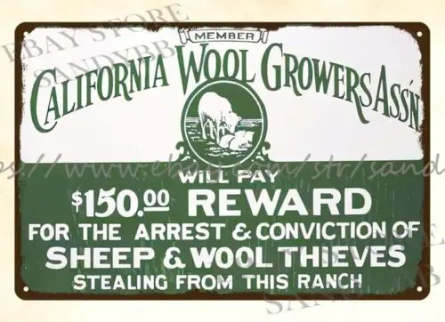 California Wool Growers Assn reward sheep wool thieves metal tin sign brew pub