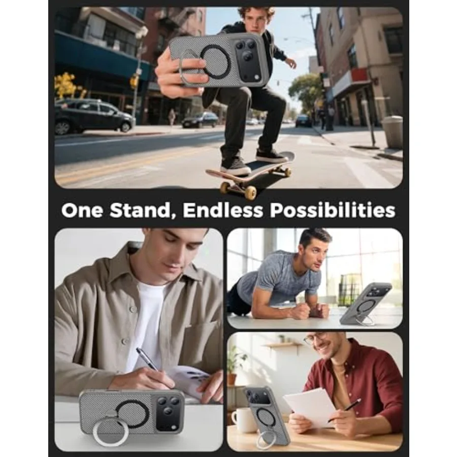 360 Magnetic Stand Carbon Fiber Case Designed for iPhone 17 Pro Max with Military-Grade 15FT Protection and Built-in Stand Ring