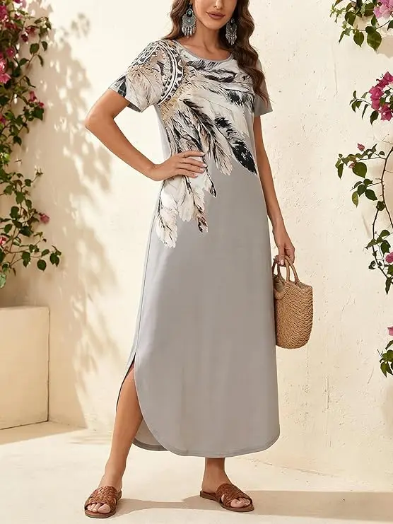 Women's ethnic holiday casual style geometric print casual short sleeve knitted long dress