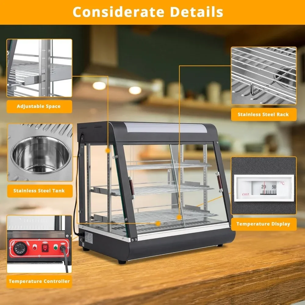 Vitrina de pastelería, expositor de calentador de alimentos eléctrico comercial de 3 niveles, estantes extraíbles ajustables, vitrina de refrigerador