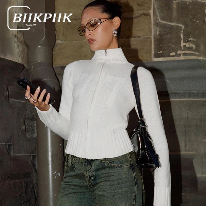 

BIIKPIIK Solid Digital Sweaters Casual Streetwear Knitwear Women Cardigan Concise All-match Stand Collar Autumn Winter Coat 2024