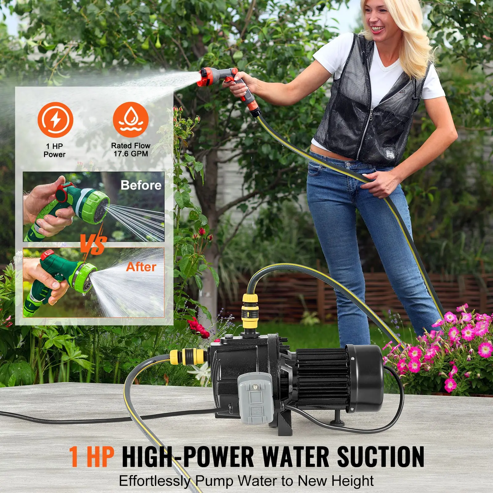 1HP Premium Cast Iron Shallow Well Jet Water Pump, 115 Volt, 17.6 GPM 164 FT Maximum Head Irrigation, for Agricultural Garden