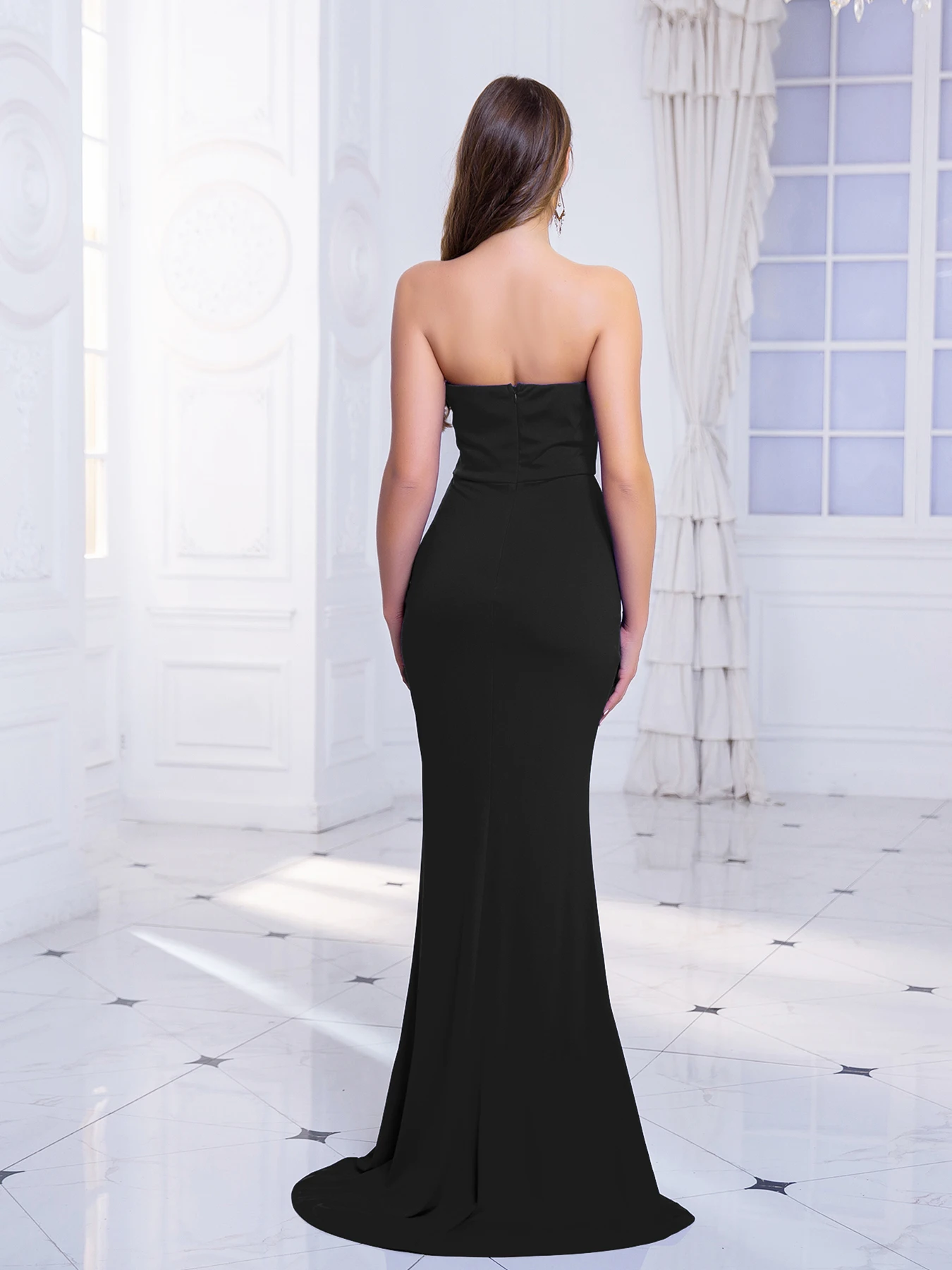 Black Strapless Evening Prom Gown Luxury Rhinestone Sexy Backless Deep U With Mesh Padded Floor Length Wedding Party Dress Blue