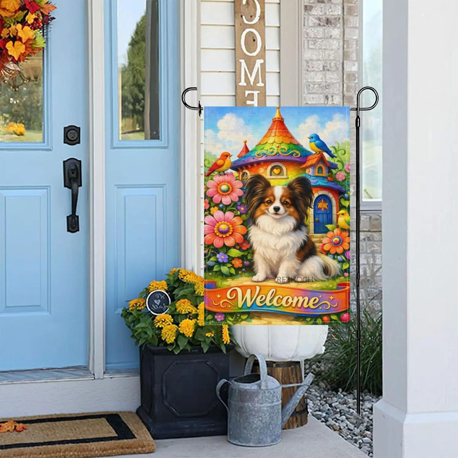 Flower House Fun Papillon Dog Welcome Garden Flag 12x18Inch,Cute Animal Colorful Floral Bird Spring Summer Outdoor Home Yard yyi