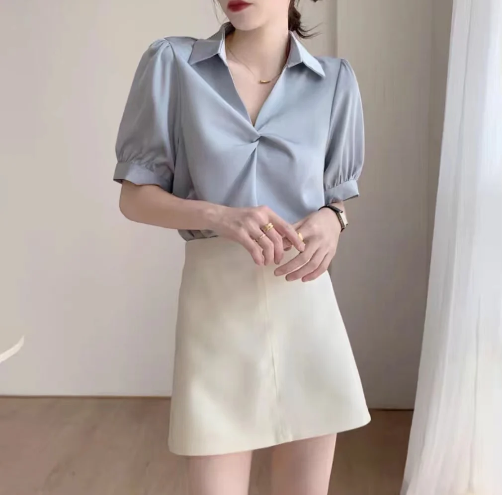 Summer Women\'s Short Sleeve V-neck French Bubble Sleeve Solid Color Pleated Chiffon Shirt Blouse Ladies Tops Female Clothes New