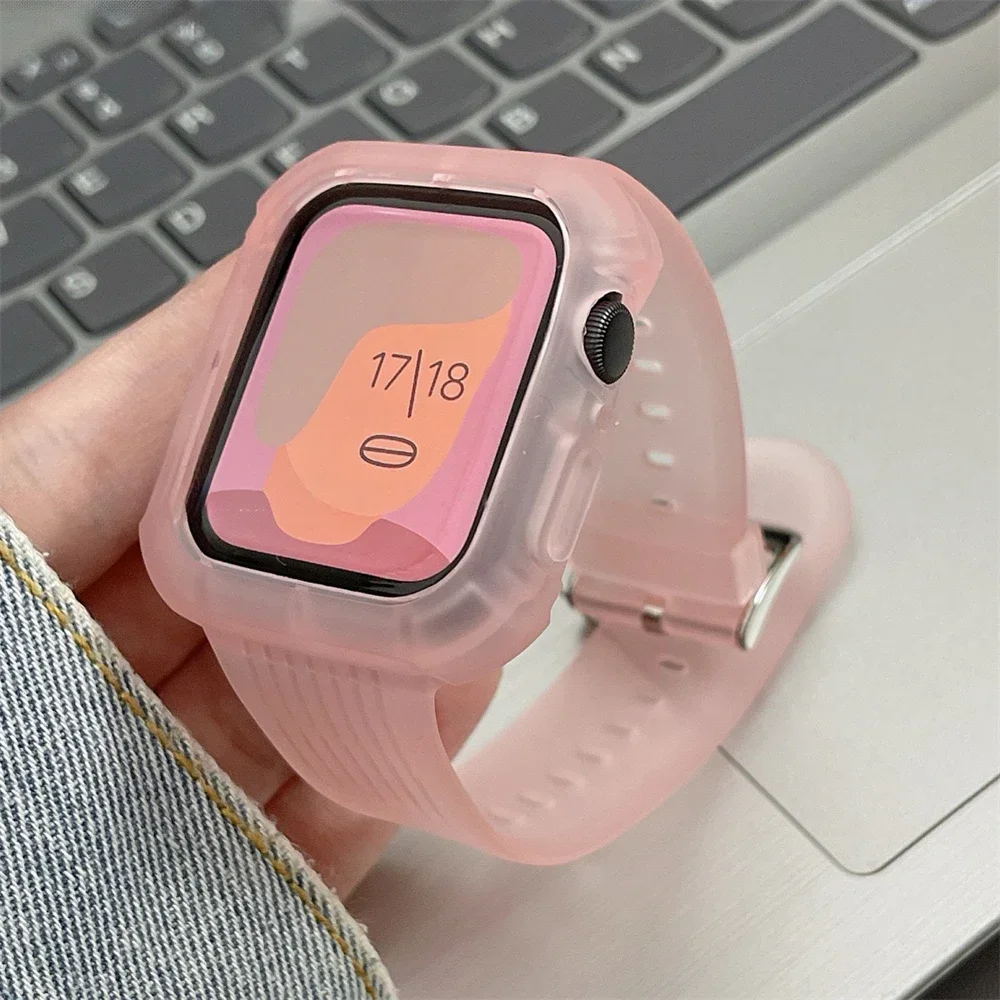 Estojo e pulseira rosa para pulseira de relógio esporte menina pulseira de pulso, kawaii, fosco, coreano, iWatch 9, 8, SE, 7, 6, 44mm, 40mm, 45mm, 41 milímetros, 42 milímetros