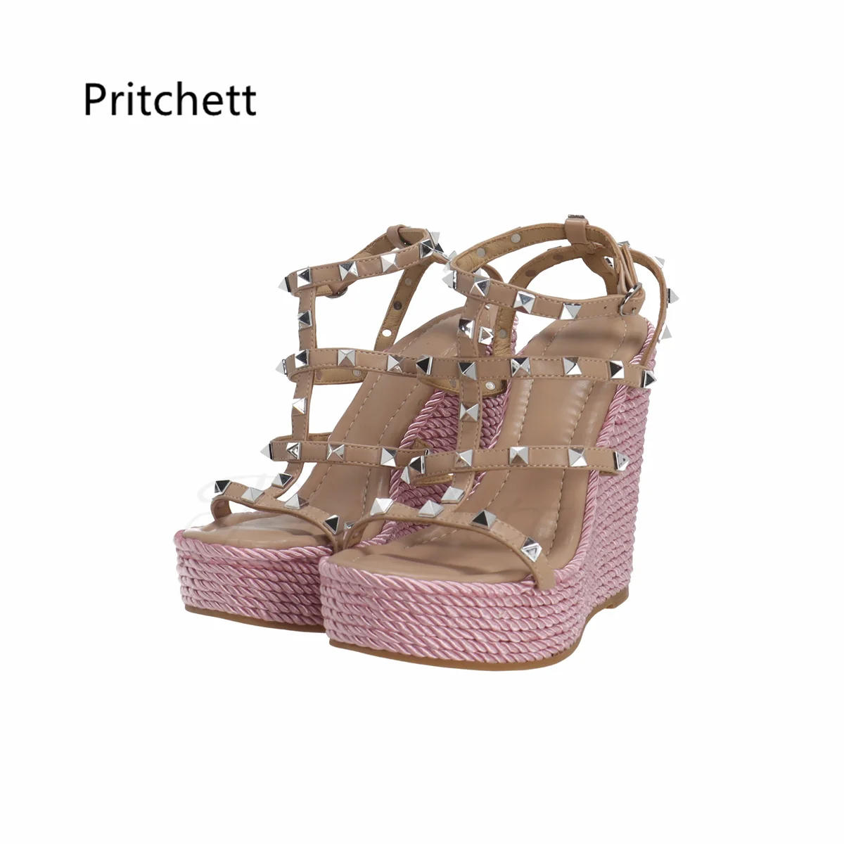 Pink Rivet Espadrilles Wedge Sandals for Women Open Toe Buckle Strap Sweet Style Designer Summer Shoes Holiday Platform Sandals