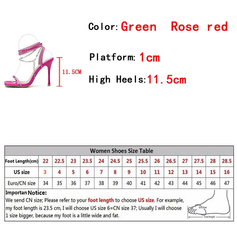 Liyke Runway Style Crystal Chain Sandals Women Fashion Square Toe Ankle Strap Green High Heels Party Wedding Stripper Shoes Lady