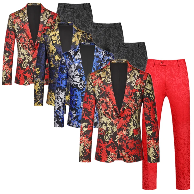 

Мужской роскошный жаккардовый свадебный костюм, комплект из 2 предметов, модное платье для танцевальной вечеринки певицы, пиджаки и брюки с цветочным принтом