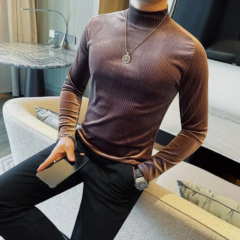 Autumn and winter corduroy slim-fit basic t-shirt versatile stretchy striped inner lining men's pullover top.M-4XL