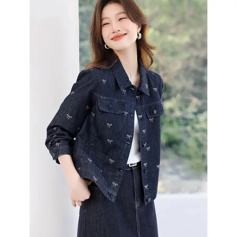 

Ladies New Casual Retro Bow Print Lapel Jacket Fashion Temperament Denim Jacket Spring New Lapel Single-Breasted Simple Coat