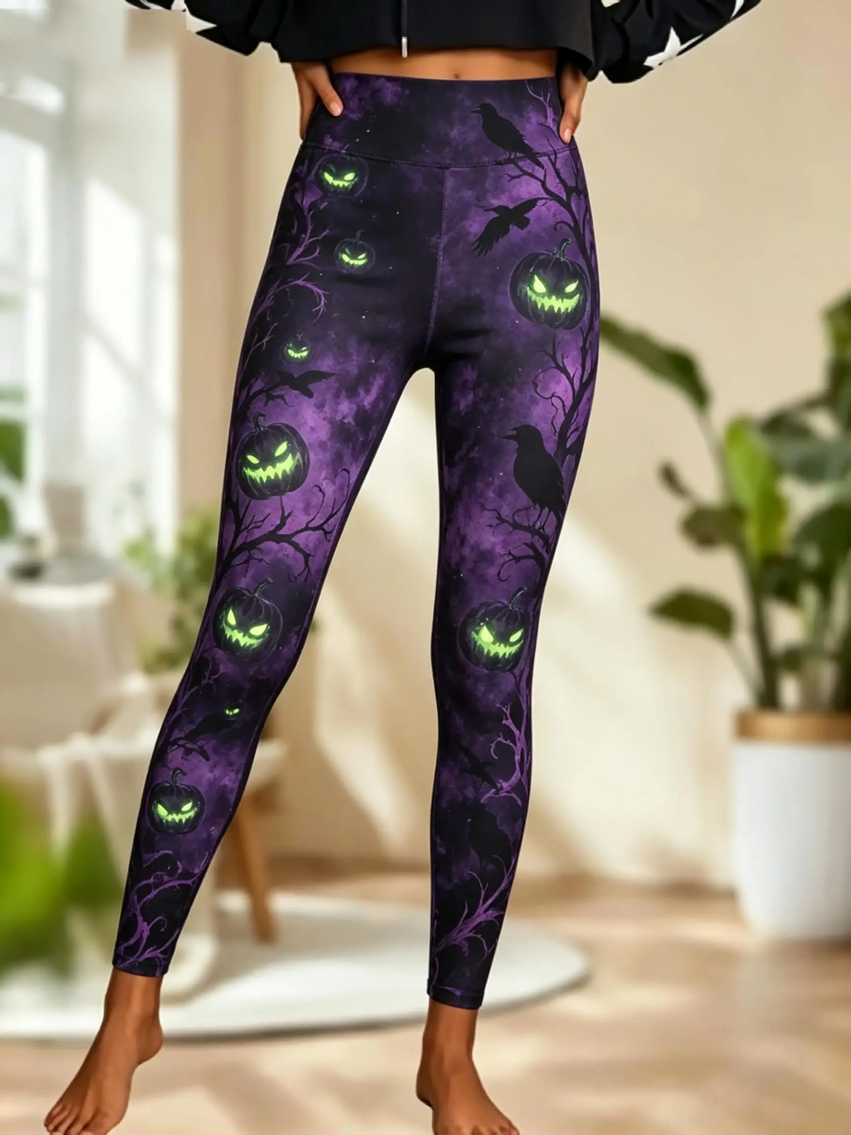 Women Halloween Fleece Mid‑Rise Leggings Pumpkin Crow Dead Tree Vintage Full Print Stretch Slim Pants