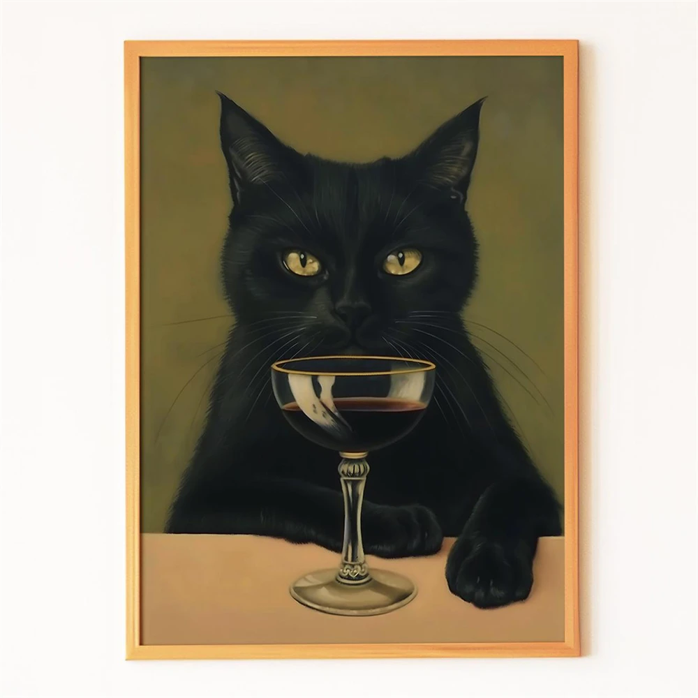 Black Cat Smoking a Cigarette Prints Vintage Poster Art Whimsical Print Funny Animal Wall Decor Vintage Cat Art Canvas Painting