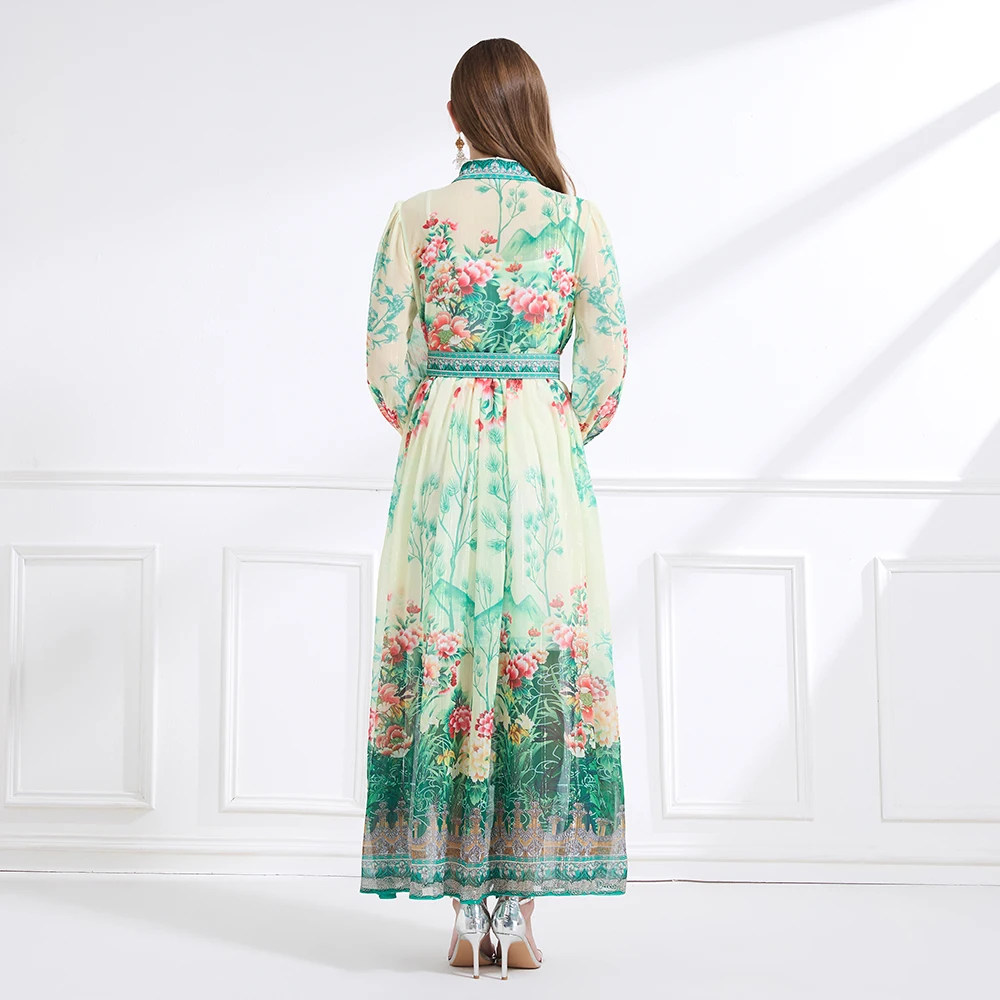 2025 primavera/verão chiffon camisa gola impressa vestido longo vintage manga longa lanterna cintura-emagrecimento vestido conjunto de duas peças