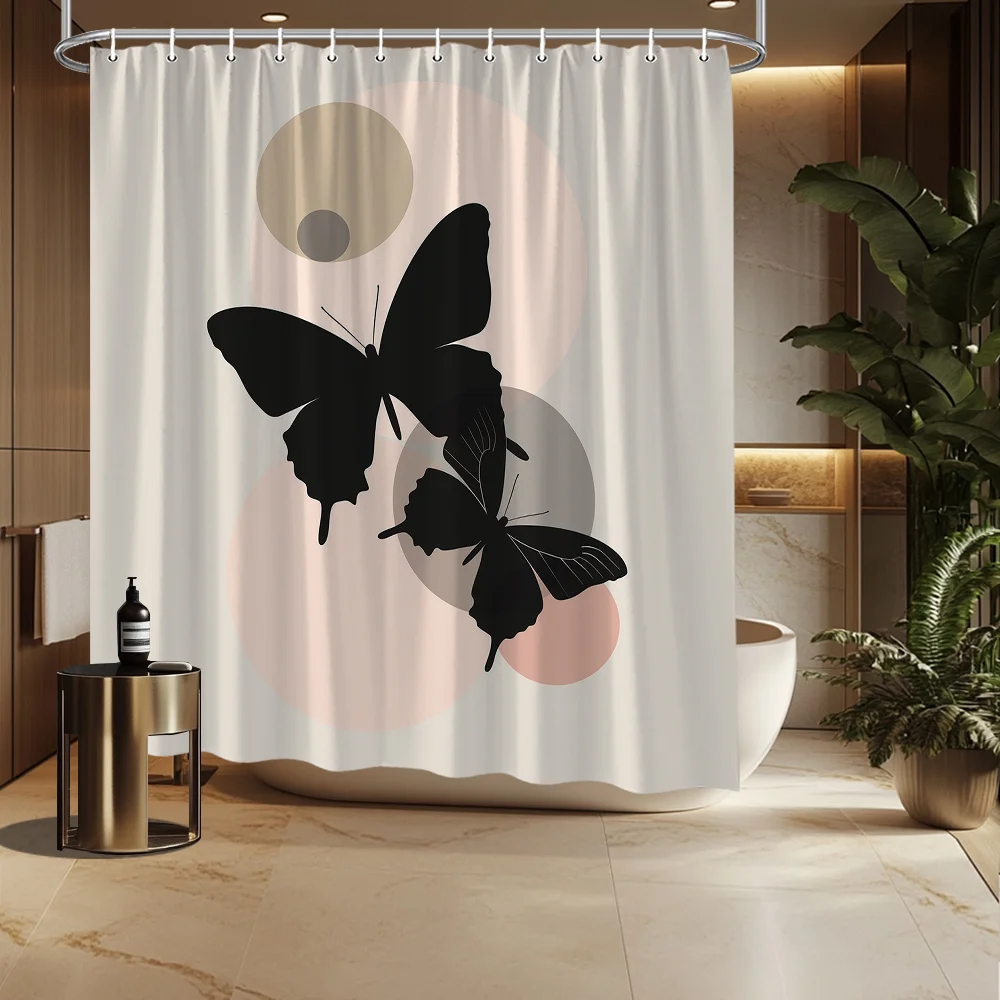 

Minimalist Black Butterflies Shower Curtain - Beige Background with Muted Circles, Polyester, Fade-Resistant, Modern Bath Decor