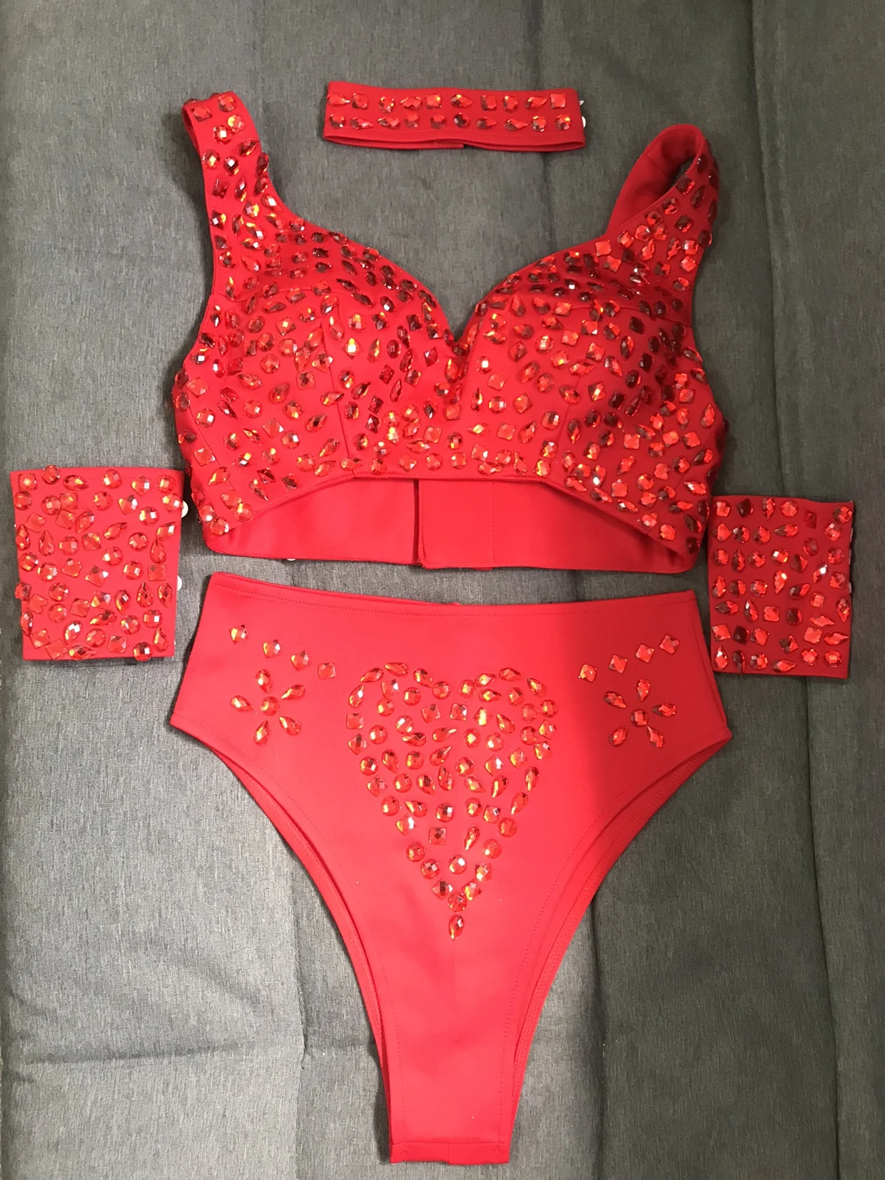 Sexy DJ Nightclub Pole Dance Costume Red Rhinestones Bikini Rave Outfit Party Show Stage Wear Dancer Team Performance Clothes