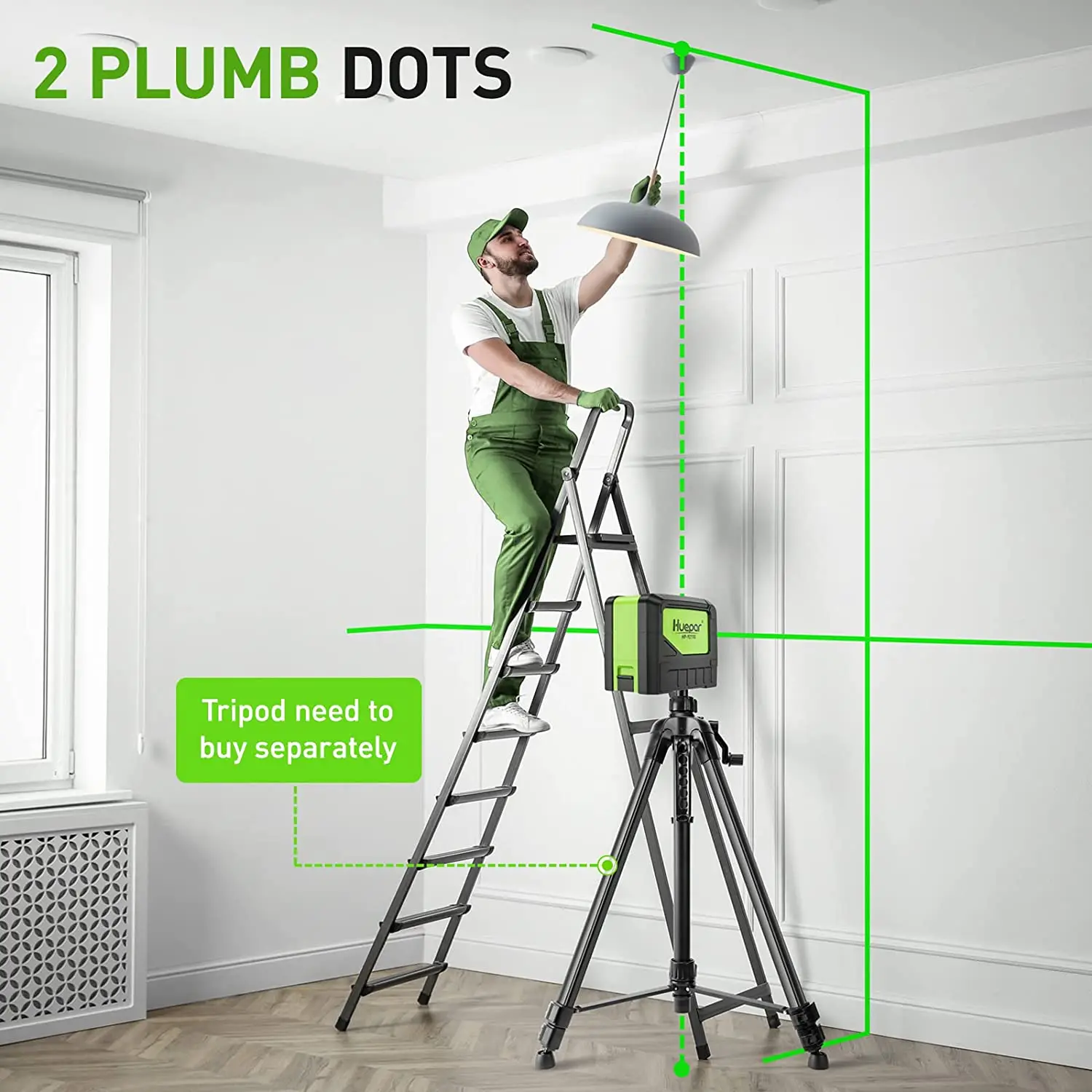 Huepar Green Beam 2 Cross Lines 2 Points Professional 180 Degrees Self-leveling Nivel Laser Diagnostic Tools 9211G Laser Level