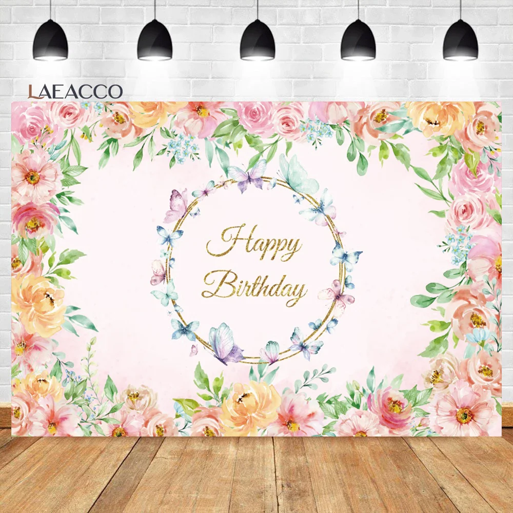

Laeacco Floral Birthday Backdrop Gold Giltter Watercolor Flower Butterfly Girl Birthday Portrait Customized Photography Backdrop