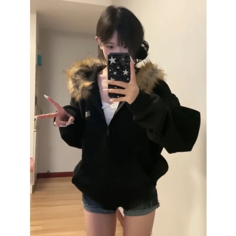 Vintage Letter Print Black Zip Up Hoodies Women Oversized Faux Fur Coat Casual Sweatshirt Autumn Winter Harajuku Jacket Outwear