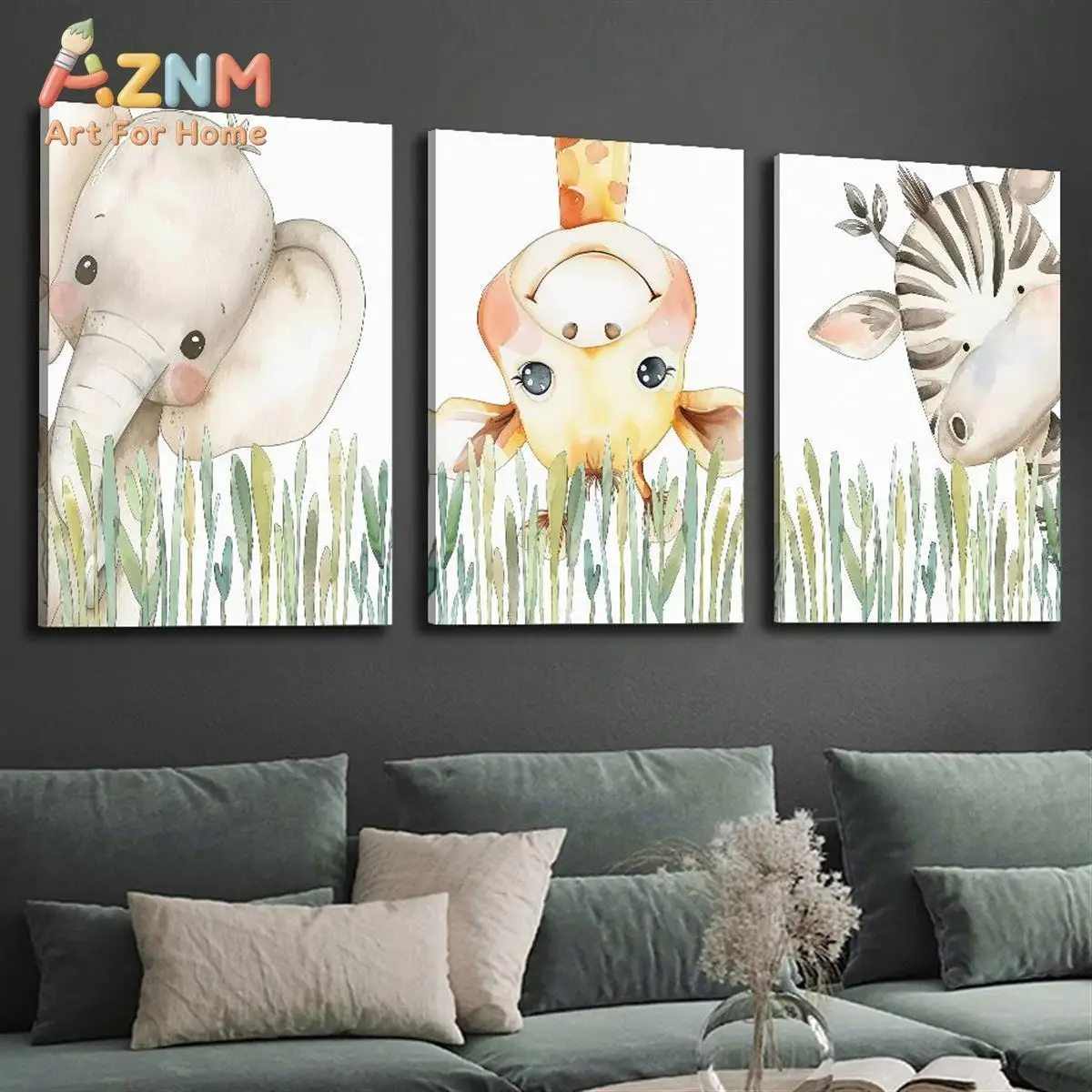 AZNM Peeking Safari Animal Canvas Wall Art Elephant Giraffe Zebra Watercolor Grass Frameless Canvas Painting Nursery Kids Room H