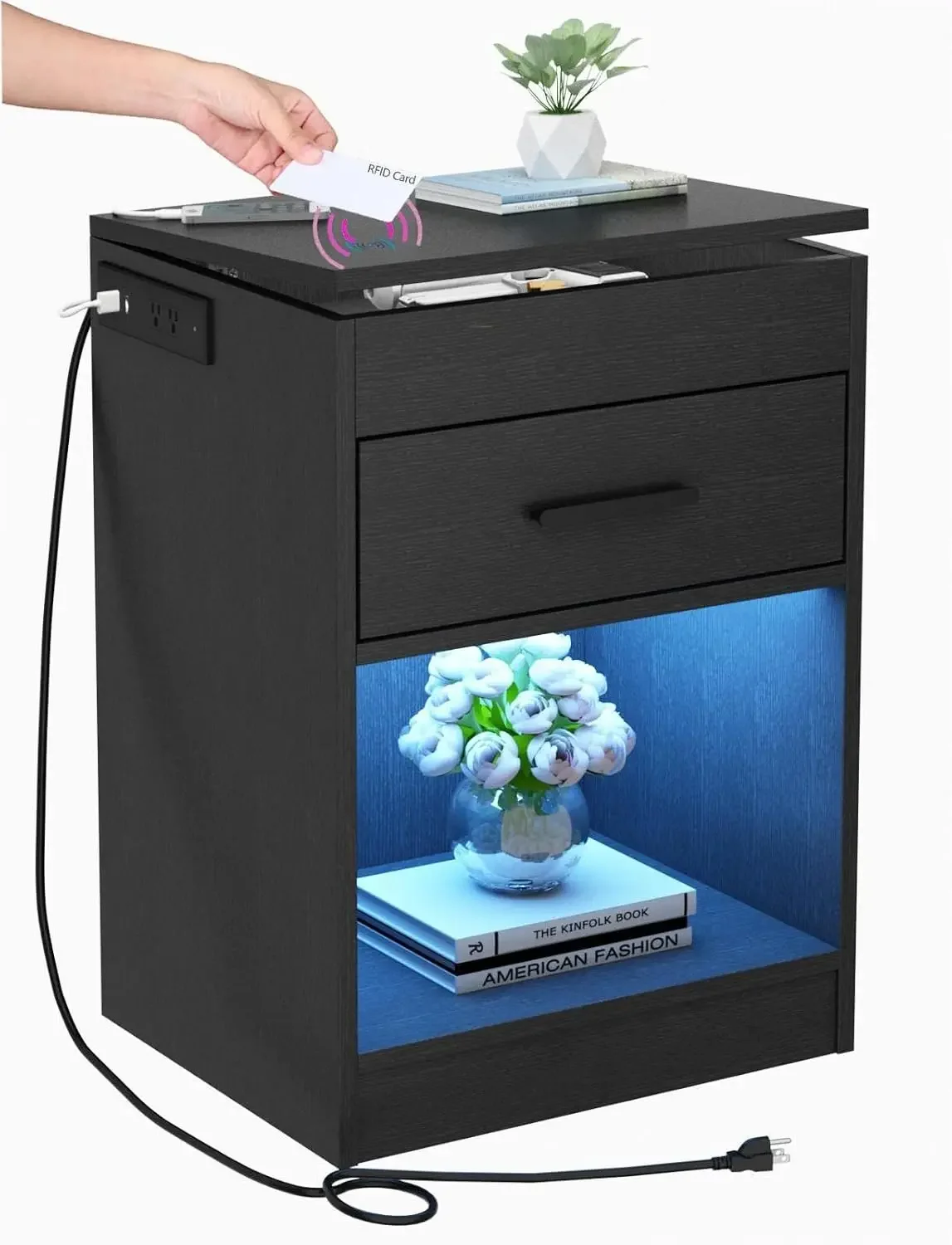 Black Nightstand RFID Lock Hidden Storage Charging Station LED Power