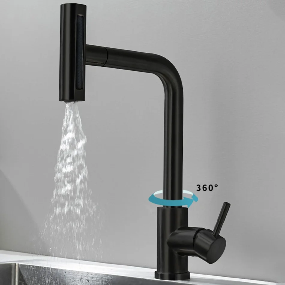 Waterfall Kitchen Faucet Pull Out Black Brushed Gold Grey  304 Stainless Steel  360° Rotation Hot and Cold Water Mixer Sink Tap