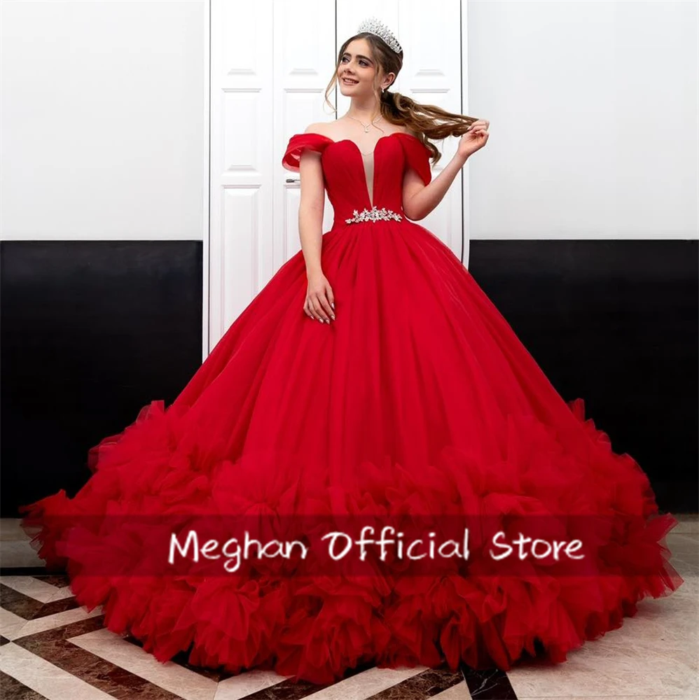 Robe de princesse à volants personnalisée, appliques de perles, rouge mexicain, hors de l'initiative Quinceanera, robe d'anniversaire de luxe, Sweet 16, 2025