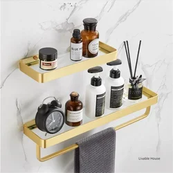 30-50CM Brushed Gold Glass Shelf  Aluminum Bathroom Storage Holder Bath Shower Shelf  Bathroom Shelf Mirror Wall Tray Towel Bar