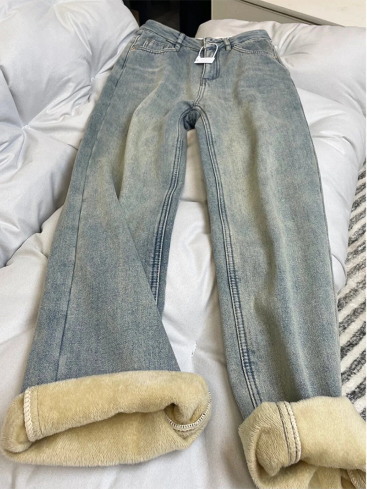 حجم كبير Fce اصطف Thiened مايكرو متوهج الجينز المرأة عالية الخصر الخريف مرونة حجم كبير 2024 جديد Sle متوهج السراويل