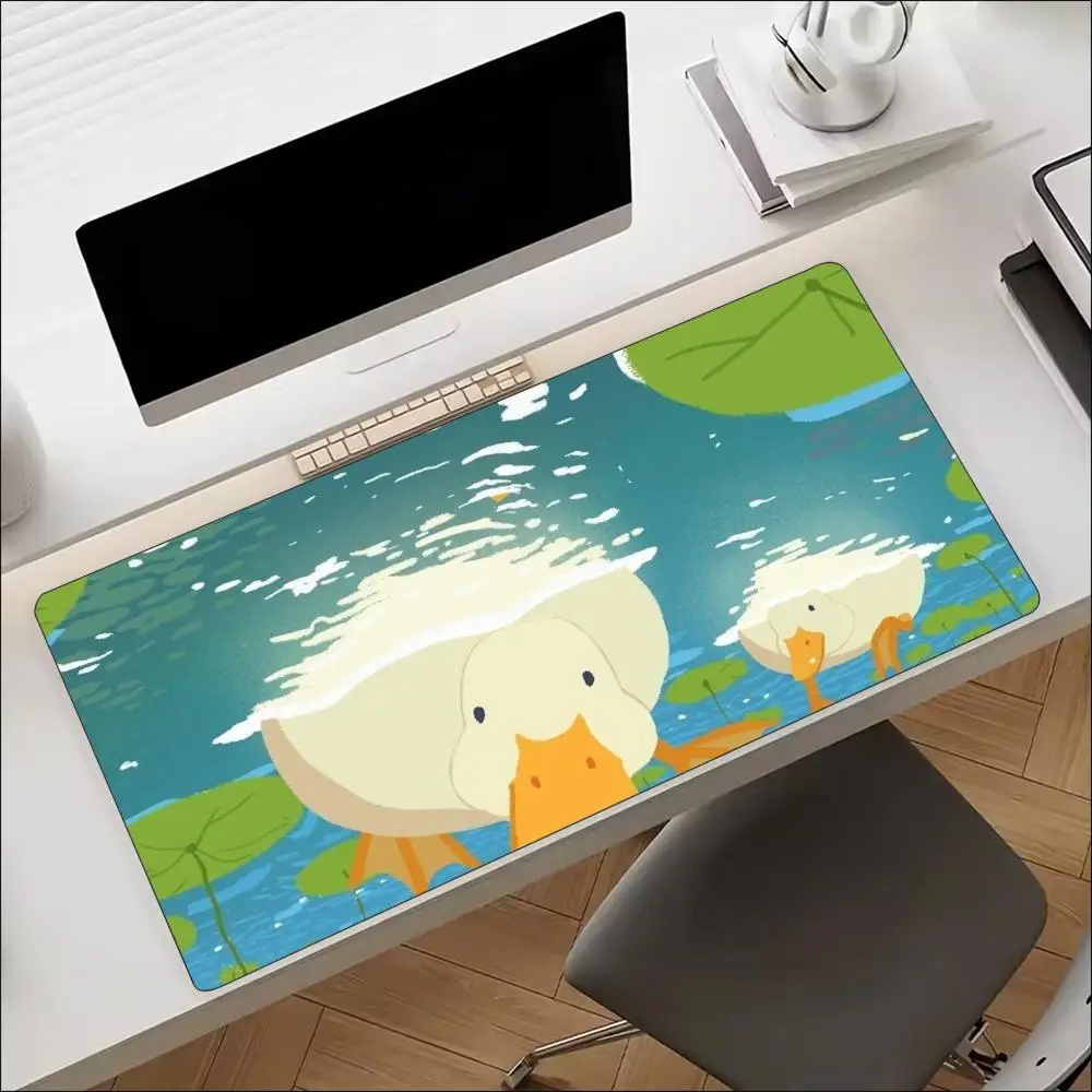 Wide Keyboard Desk Mat Cute Cartoon Duck Sunshine Yellow Flowers Stitched Edges Non Slip Rubber Backing for Small Bedrooms
