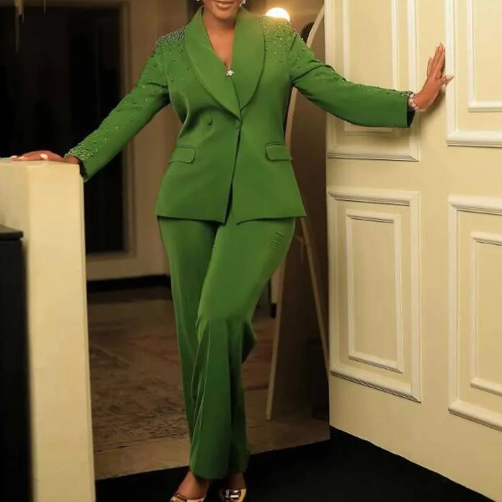 Green Solid Mother Of Bride Dresses Customized 2 Pieces Single Breasted Prom Blazers Tuxedos Women Pants Suits Ladies Clothing