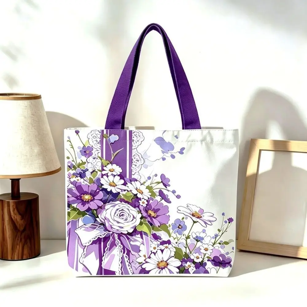 Fashion Women Canvas Handbag Purple Daisy Floral Print Tote Bag Aesthetic Casual Shoulder Purse For Travel School Beach