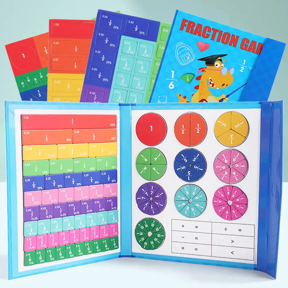 Wooden Book for Children Arithmetic Learning Teaching Aids Math Mastery Montessori Magnetic Fraction Puzzles Colorful