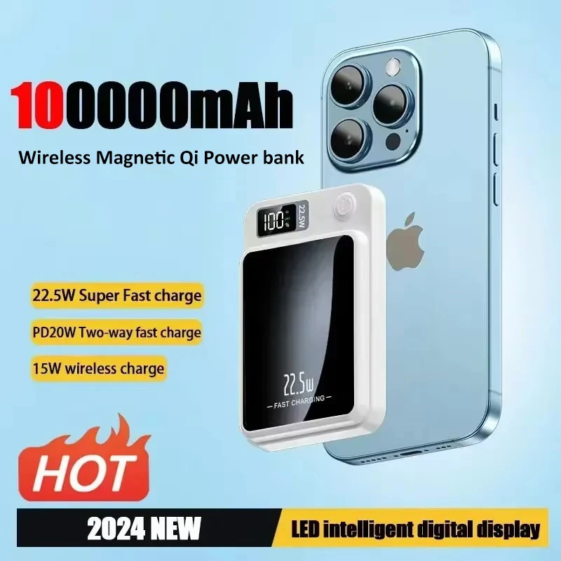 100000 mAh 22,5 W magnetische Powerbank, superschnelles Aufladen, kabellose Powerbank, Digitalanzeige, externer Akku mit extrem hoher Kapazität