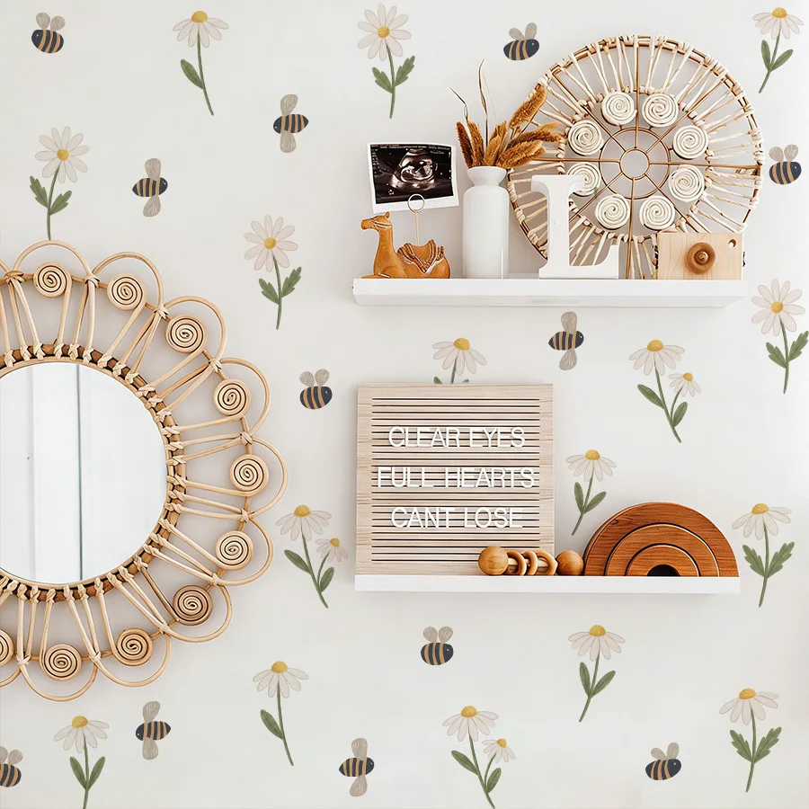 Low‑Saturation Morandi Style Daisy & Bee Wall Sticker, Warm Aesthetic Decal for Rental Apartment Home Decoration