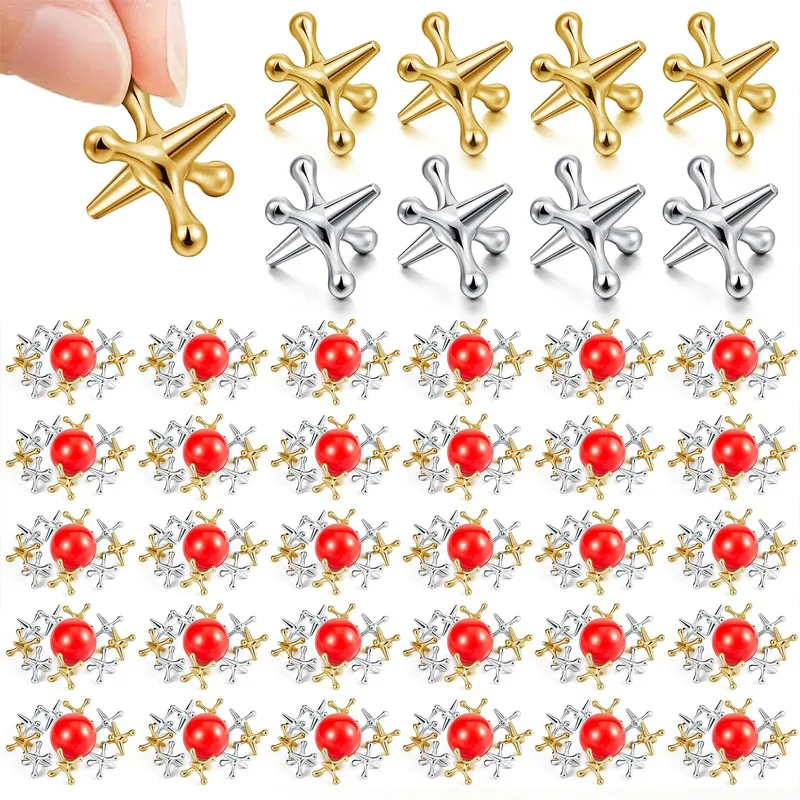 Gold And Silver Metal Jacks Game Set with Red Rubber Ball Skill Development Hand Eye Coordination Family Fun Party Favors