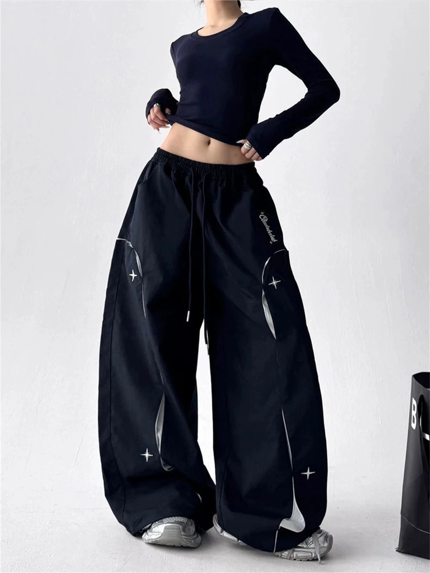 

Women's High Waist Wide Leg Black Pants Reflective Strip Cross Star Print Y2K Streetwear Loose Casual Trousers