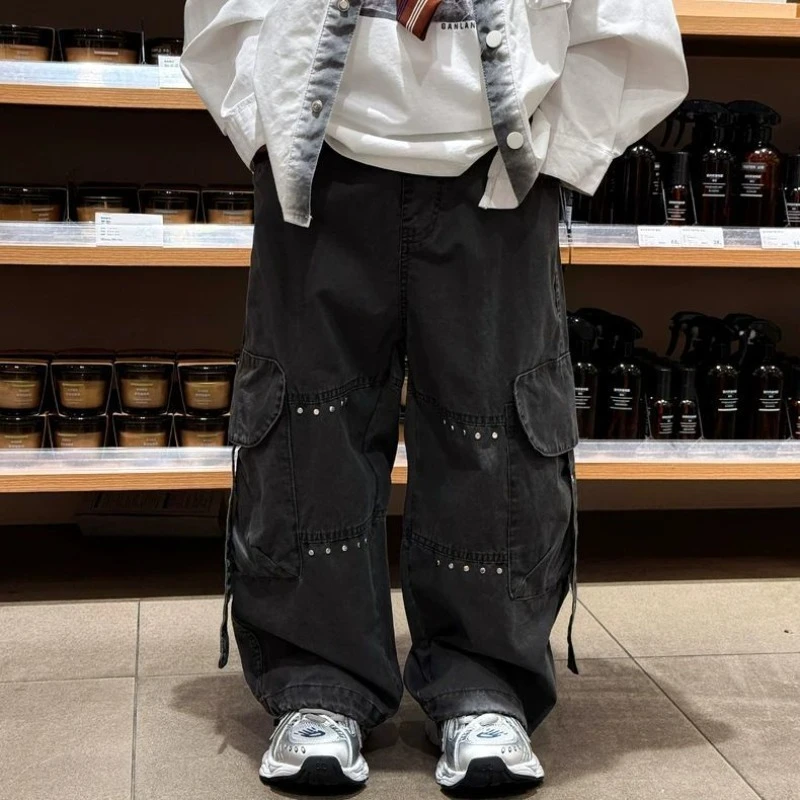 2026 Spring New Boys Cargo Pants American Retro Street Style Rivet Straight Leg Trousers Casual Outdoor Loose Fit