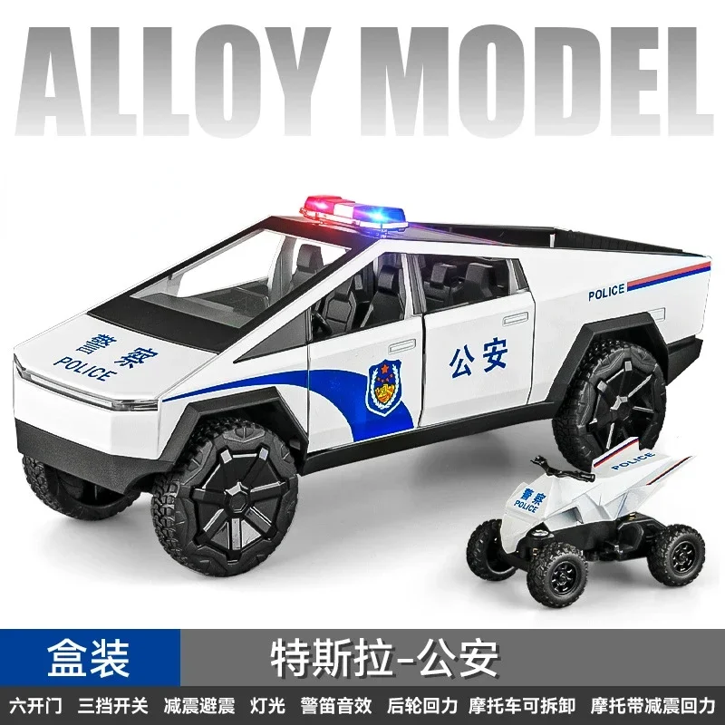 

1:24 Tesla pickup police car High Simulation Diecast Metal Alloy Model car Sound Light Pull Back Collection Kids Toy Gifts