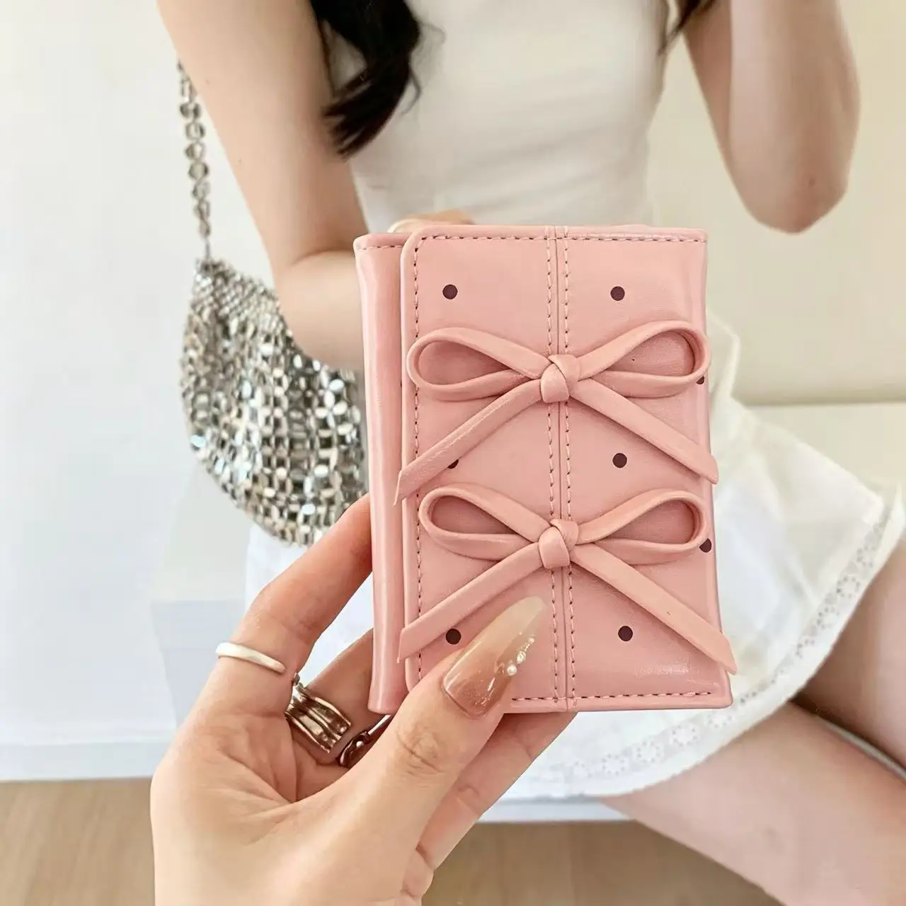 Korean Version Instagram Style Bow Folding Wallet Gentle Girl with Multiple Card Slots Bank Card Zero Wallet Sweet and Cute Gift