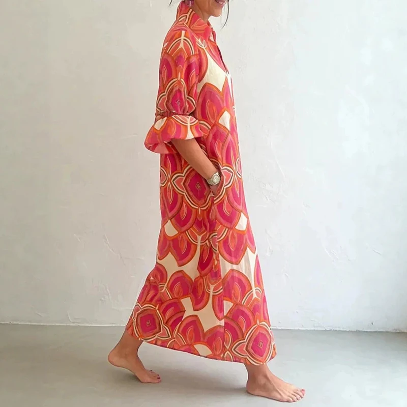 Boho Holiday Beach Women Dress Geometric Print Maxi Shirt Dress Casual V‑Neck Three Quarter Sleeve Loose Long Dress With Pockets