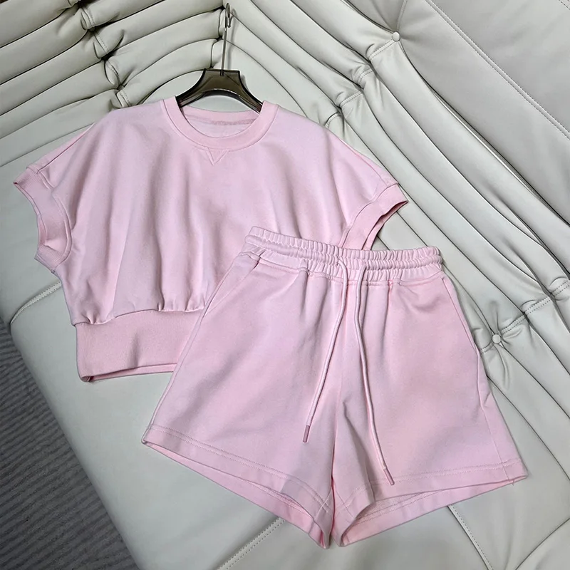 

Summer Simple Sets For Women's Sets Two Pieces Suits Solid Short-Top + Shorts Loose Solid Spory Suits