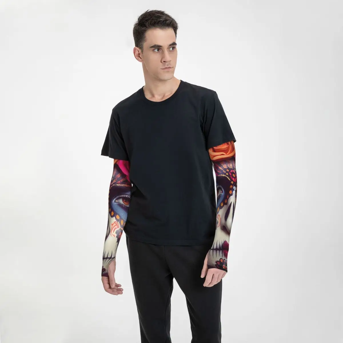 المكسيكي كاترينا فتاة يوم الموتى السكر الجمجمة في الهواء الطلق أكمام أذرع تبريد الشمس الأشعة فوق البنفسجية غطاء للحماية الجليد الحرير ركوب الدراجات أكمام الوشم #3