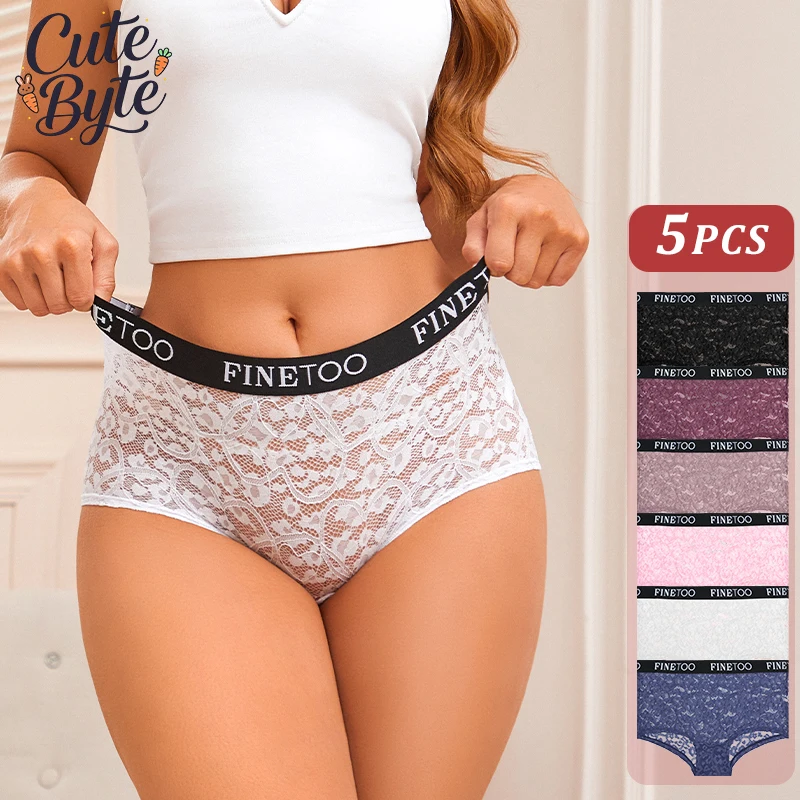 5er-Set Damen-Slips: Sexy Spitzen-Höschen mit hoher Taille, atmungsaktive Unterwäsche mit Schriftzug am Bund, hohle, verführerische Dessous