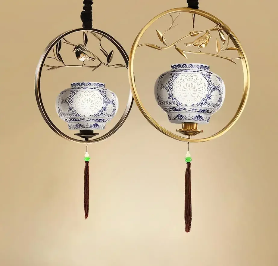 

New Chinese small chandelier balcony lantern chandelier creative restaurant chafing dish shop ceramic lamp single-headed bird Ch