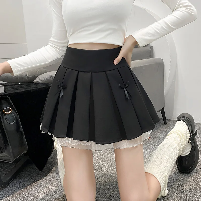 Women Skirt High Waist Bow Decoration Pleated Lace A-line Solid Color Simple Texture Exquisite Fashion Versatile Short Skirts