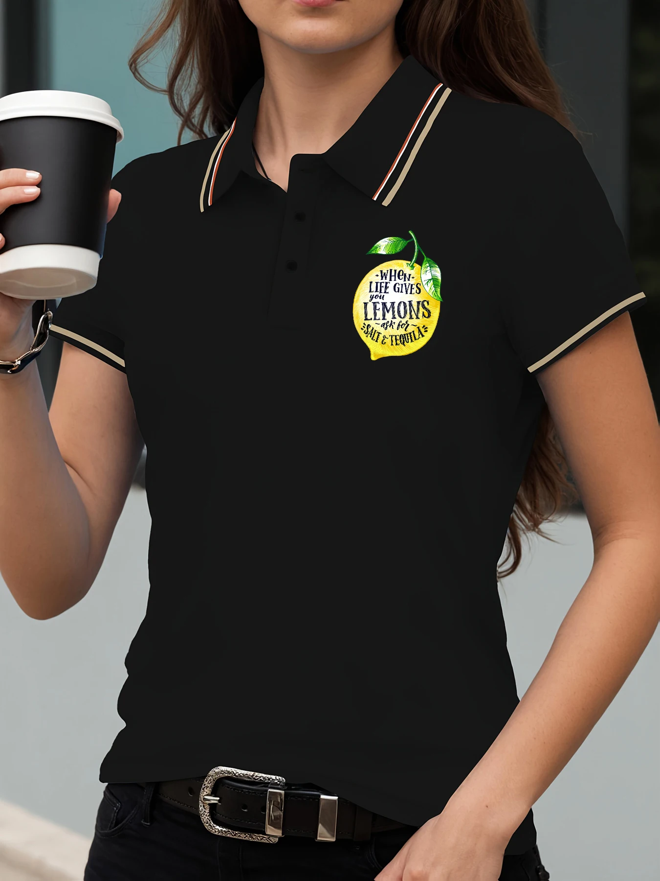 

When Life Gives You Lemons Print Polo Shirt Women Y2K Lapel Summer Clothes Casual Multicolor Streetwear Hip Hop Contrast T Shirt