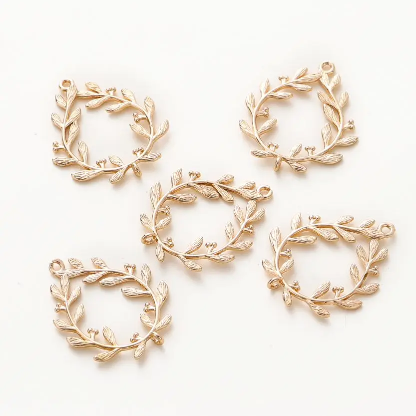 6pcs/Lot 14K Gold Plated Olive Leaves Brass Oval Pendants Bracelet With Double Holes Pendants For DIY Jewelry Crafts Supplies