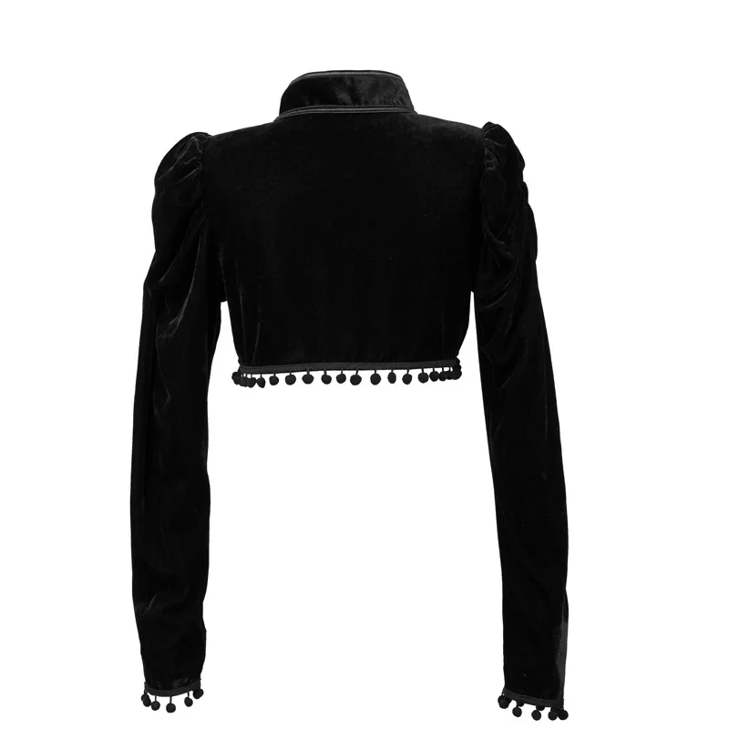 Mittelalterliche Steampunk-Jacke, Schwarze Quasten-Stehkragen-Kurzjacke, Damen-Gothic-Mantel, Nabelfreier Langarm-Retro-Slim-Fit-Mantel – Detail 4